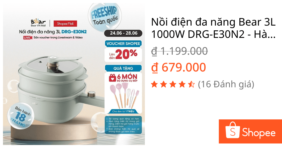 Nồi điện đa năng Bear 3L 1000W DRG-E30N2 - Hàng Chính Hãng