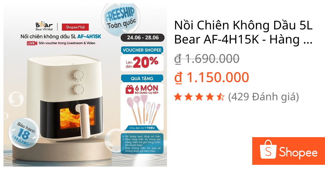 Nồi Chiên Không Dầu 5L Bear AF-4H15K - Hàng Chính Hãng BH 18 Tháng