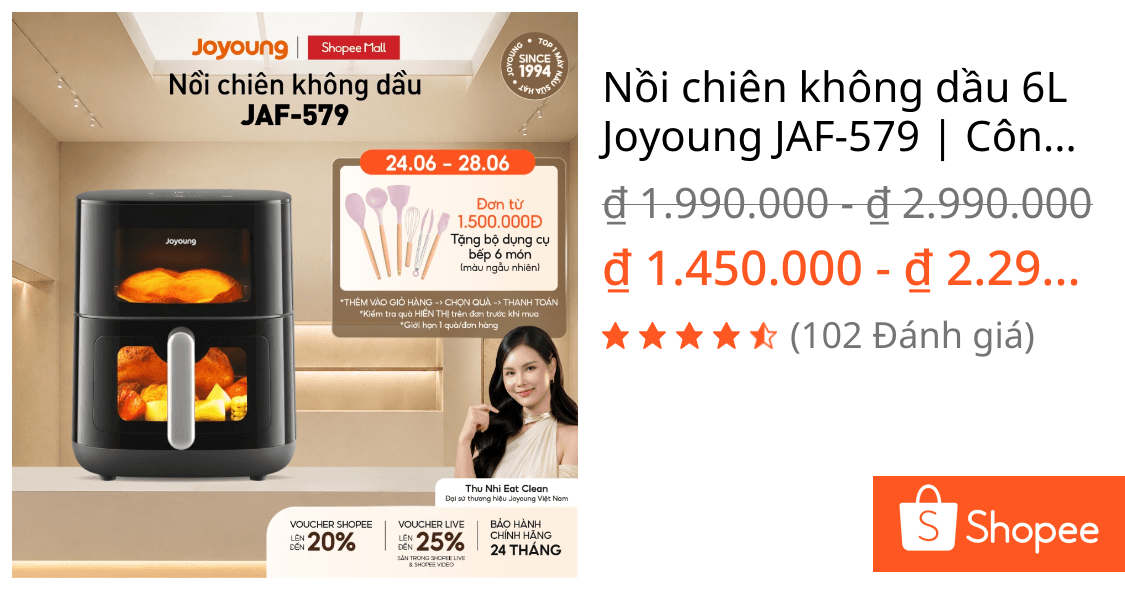 Nồi chiên không dầu 6L Joyoung JAF-579 | Công suất 2100W | 2 cửa sổ quan sát