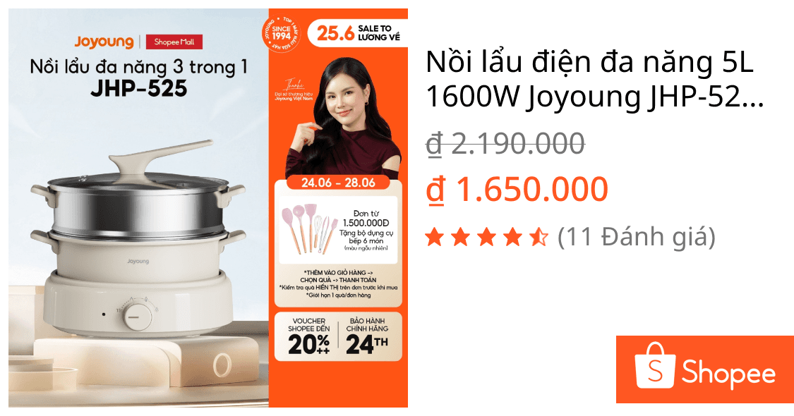 Nồi lẩu điện đa năng 5L 1600W Joyoung JHP-525 kèm khay nướng