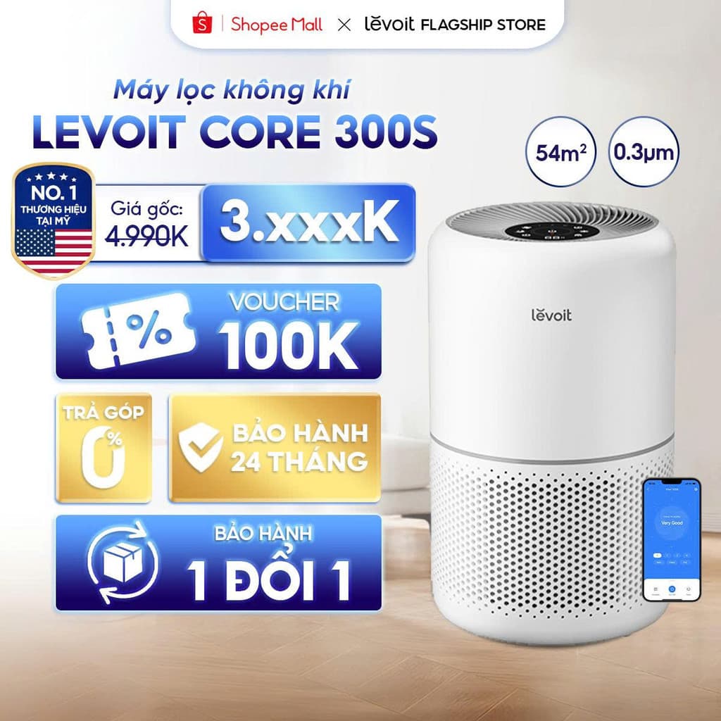 Máy Lọc Không Khí Levoit Core 300S 54m2 | Lõi HEPA 3 lớp lọc bụi mịn - Đèn cảm biến chất lượng không khí - Hẹn giờ